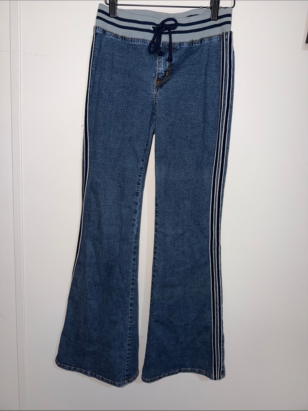 Blue Flare Jeans with Side Stripe and Drawstring Waist
